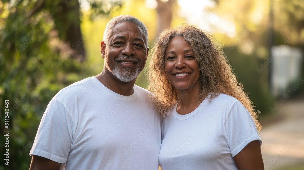 Senior Couple Smiling Outdoors in Matching White T-Shirts
