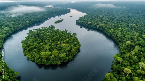 Aerial View of Serene River Winding Through Misty Forest Canopy - Ultra-Realistic 4K Drone Footage