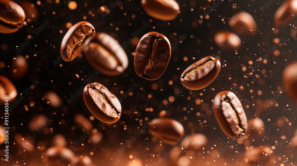 Close-up of coffee beans in different shades of brown, falling in various directions on a dark background. Close-up of coffee beans in different shades of brown, falling in various directions on a dark background.