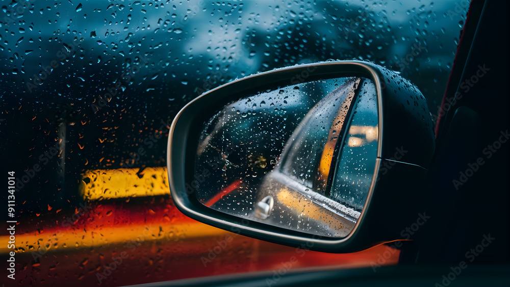 Close up view of a car rear view mirror with raindrops on it at night Close up view of a car rear view mirror with raindrops on it at night