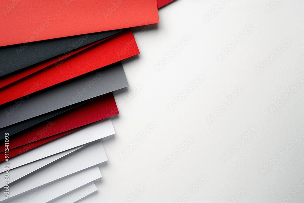 Geometric shapes in two or three red tones overlap on a crisp white background