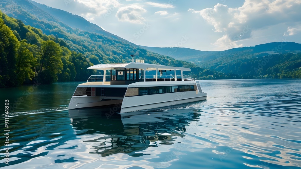 Scenic Cruise Along Serene Mountain Lake with Forested Shores Scenic Cruise Along Serene Mountain Lake with Forested Shores