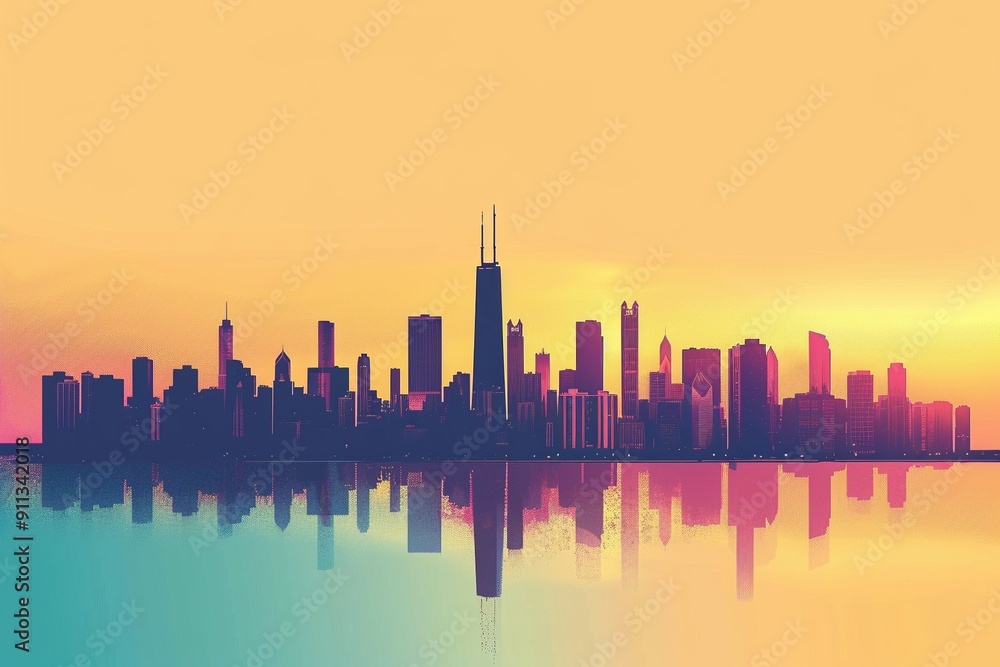 Silhouette of an urban skyline created through negative space techniques on a solid colored background Silhouette of an urban skyline created through negative space techniques on a solid colored background
