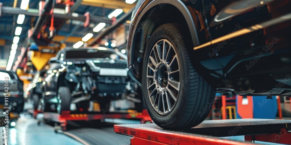 A car is on a conveyor belt in a factory A car is on a conveyor belt in a factory