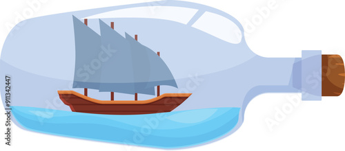 Classic ship in a bottle is floating peacefully on blue water