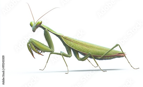 This is a macro image of a brown preying mantis insect isolated on a transparent background