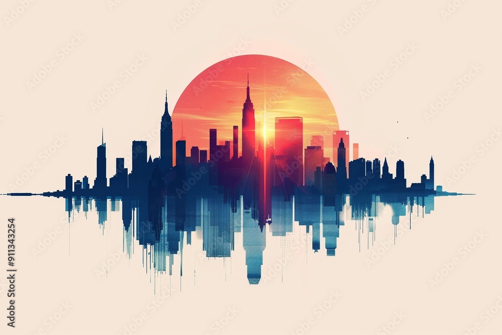 Obraz premium A minimalist city skyline outlined using negative space, set against a uniform solid color backdrop