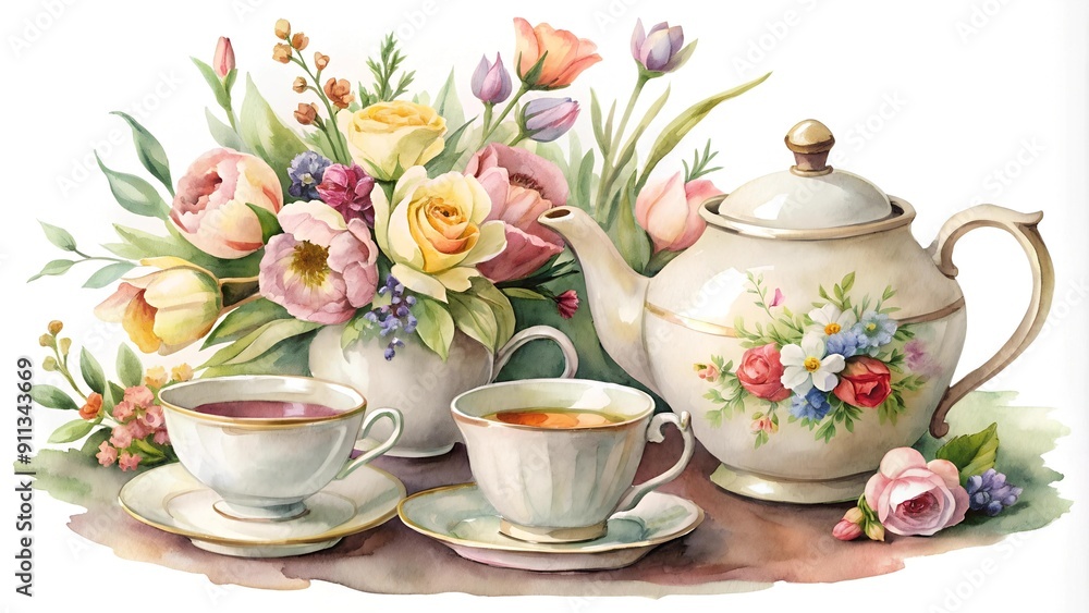 A Symphony of Spring: Watercolor Tea Time Still Life Generative AI A Symphony of Spring: Watercolor Tea Time Still Life Generative AI