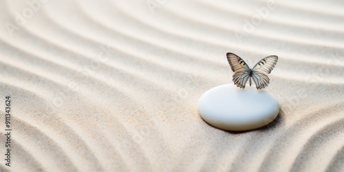 Zen stone with butterfly, butterfly on Zen stone, zen garden meditation stone background, and lines in the sand for relaxation balance harmony spirituality, or spa wellness.