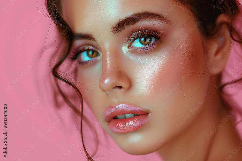 Beautiful woman with pink pastel lips and brown eye shadow on the pink background Beautiful woman with pink pastel lips and brown eye shadow on the pink background