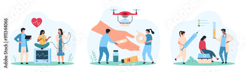 Medical examination, first aid and checkup in hospital set. Tiny people cure wound on arm skin with adhesive plaster, listen heartbeat with stethoscope, electrocardiogram cartoon vector illustration