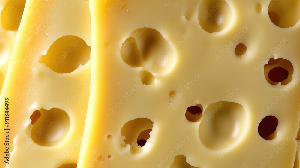 Close-up of Swiss cheese with holes, showing its distinctive pattern and creamy yellow color. Close-up of Swiss cheese with holes, showing its distinctive pattern and creamy yellow color.