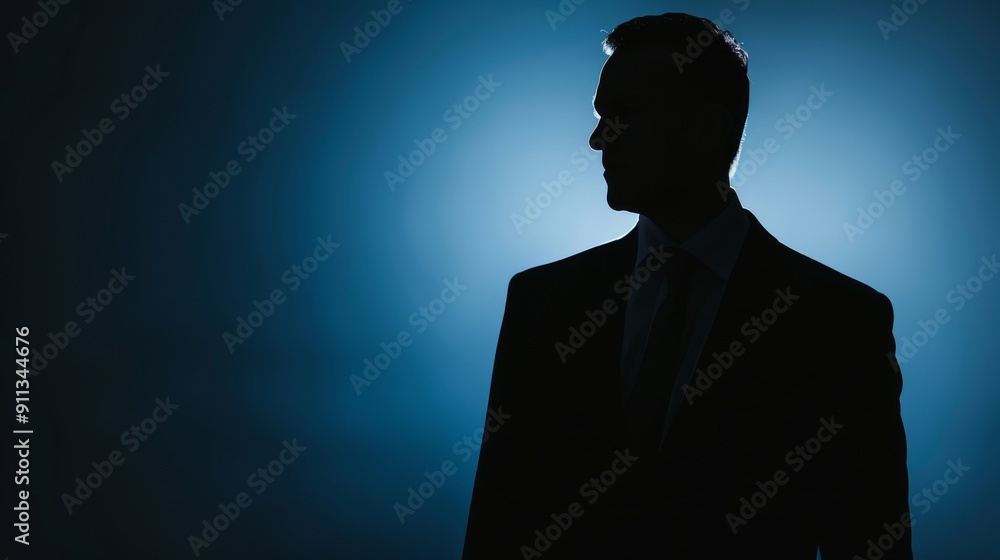Silhouette of a Businessman in a Suit Against a Blue Backlit Background Silhouette of a Businessman in a Suit Against a Blue Backlit Background