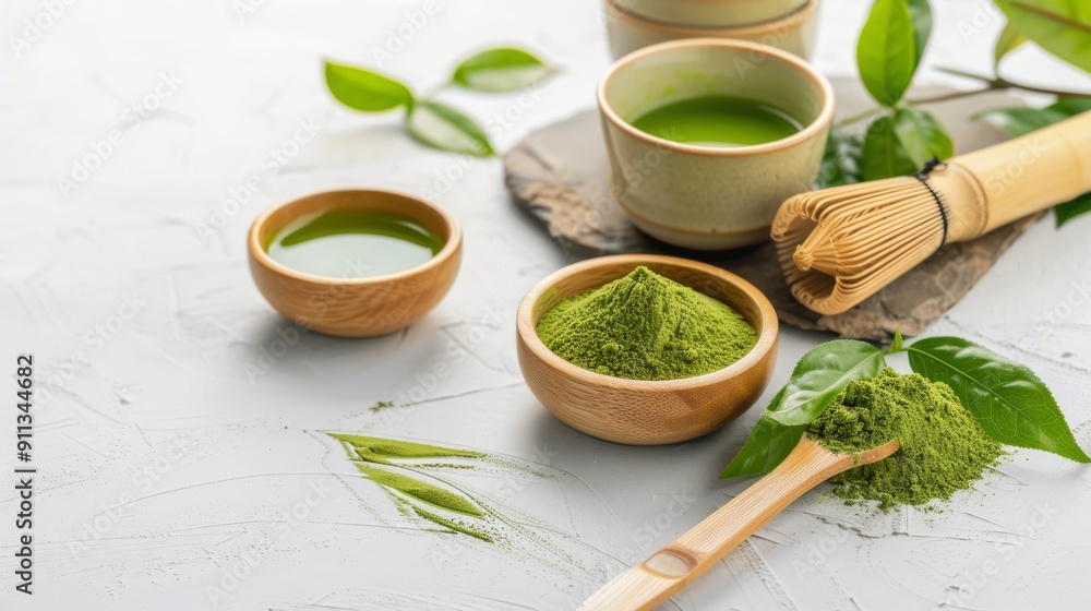 flat-lay photo of matcha powder in small wooden bowls flat-lay photo of matcha powder in small wooden bowls