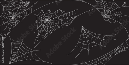 Corner Cobweb, isolated on black, transparent background. Spiderweb for Halloween design. Spider web elements, spooky, scary, horror halloween decor.