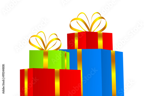 Vector illustration of colorful gift boxes with golden ribbon on transparent background