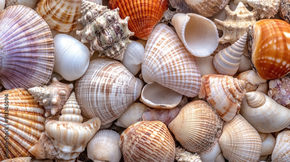 Close-up of various seashells piled together, focusing on their natural textures and patterns. Close-up of various seashells piled together, focusing on their natural textures and patterns.