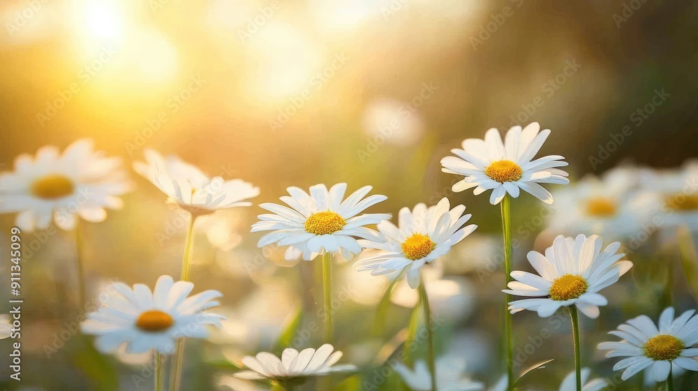 Close-up of white daisies in a field with sunlight and a blurred background, evoking a peaceful mood. Close-up of white daisies in a field with sunlight and a blurred background, evoking a peaceful mood.