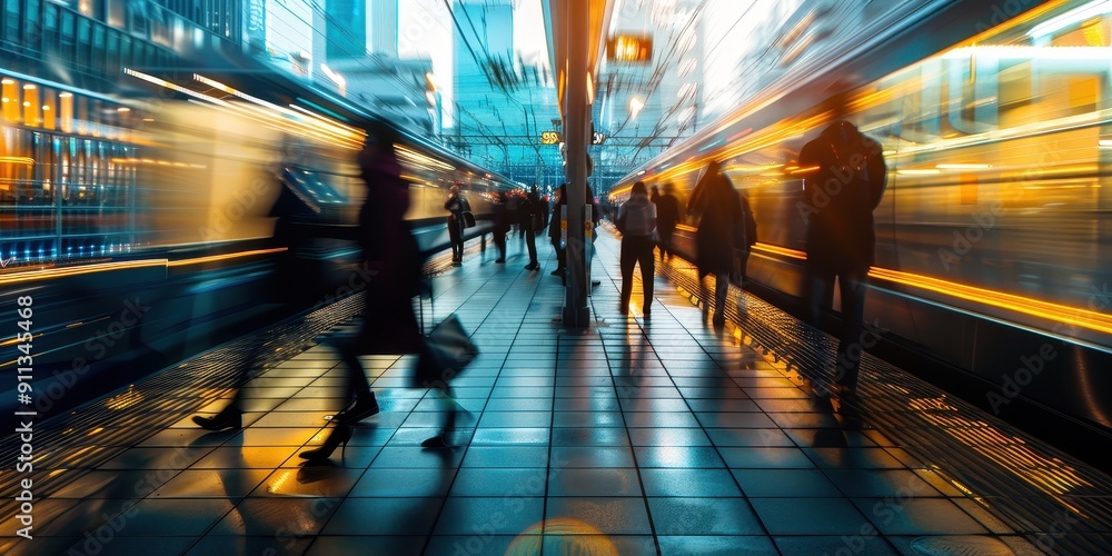 A busy train station with people walking around and a train in the background A busy train station with people walking around and a train in the background