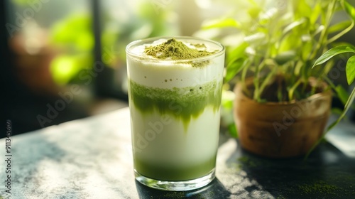 A glass of iced matcha latte