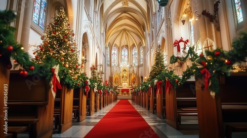 Wallpaper Mural A church with a Christmas tree and a red flower. The church is lit up and has a warm, inviting atmosphere Torontodigital.ca