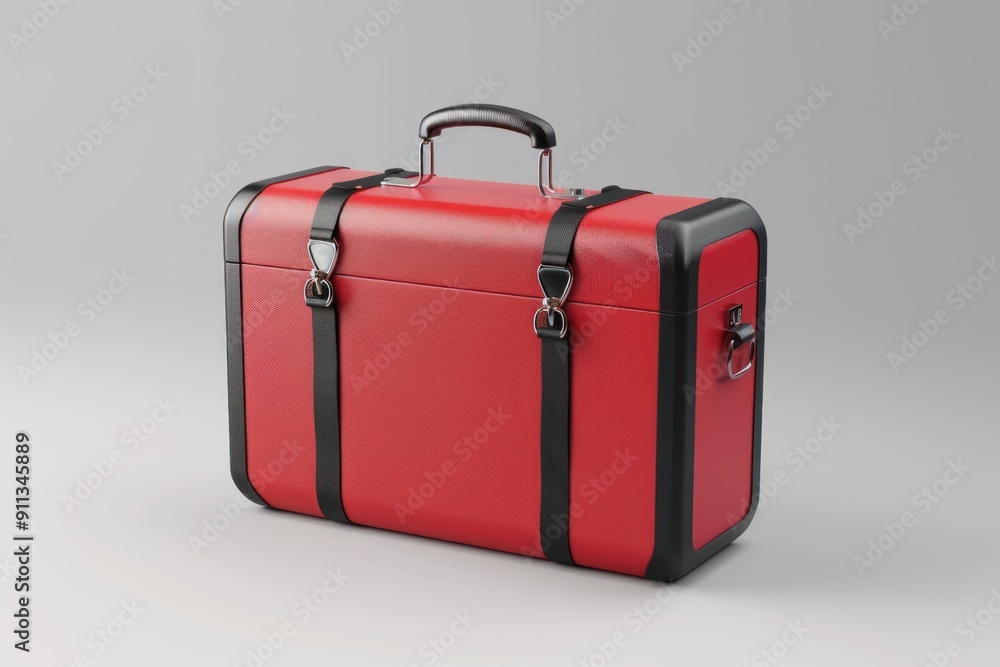 Red Leather Suitcase with Black Straps and Silver Hardware Red Leather Suitcase with Black Straps and Silver Hardware
