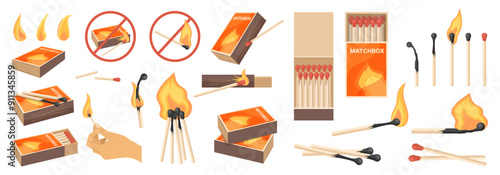 Matches set. Burning match with fire, match charcoal set