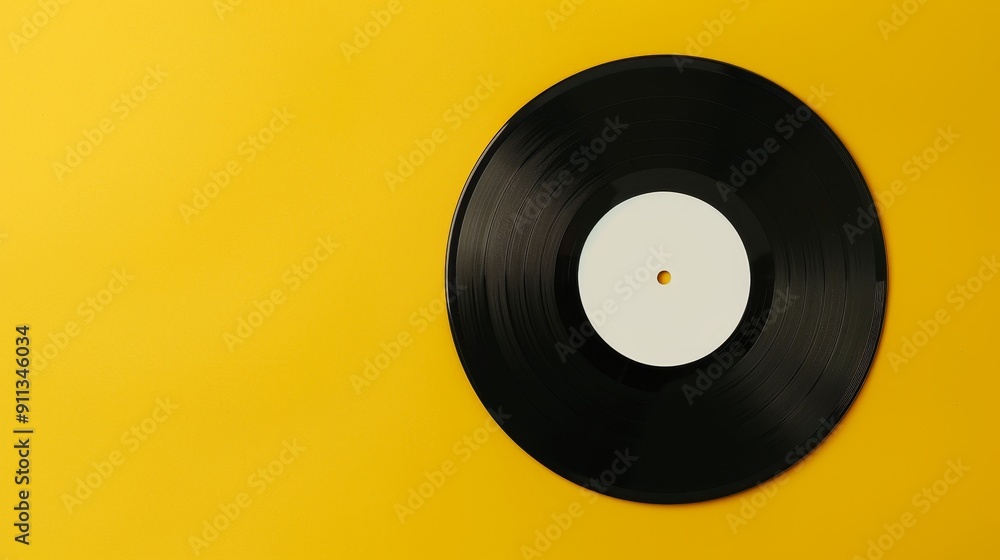Vinyl record with blank label, set against a smooth yellow backdropd Vinyl record with blank label, set against a smooth yellow backdropd