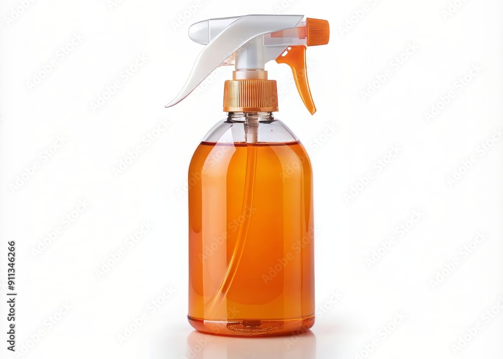 isolated orange spray bottle on white background empty household cleaning product ready for refilling or reuse with transparent label and misting nozzle visible. isolated orange spray bottle on white background empty household cleaning product ready for refilling or reuse with transparent label and misting nozzle visible.