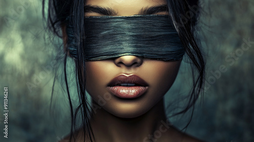 a fine art cinematic photography portrait of a women, blindfolded with a brushstroke, face straight to the camera, very minimalistic artistic approach, slick hair, clean look 