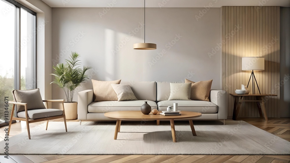 Fototapeta premium Serene Minimalism: A Modern Living Room Embracing Tranquility Generative AI