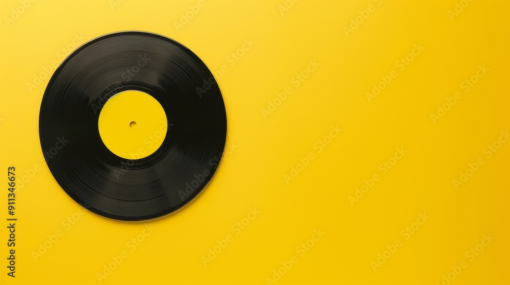 Yellow background featuring a vinyl record with clear copy spaced Yellow background featuring a vinyl record with clear copy spaced