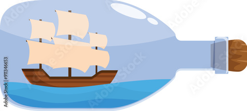 Vintage sailboat with white sails is sailing inside a glass bottle on blue water waves