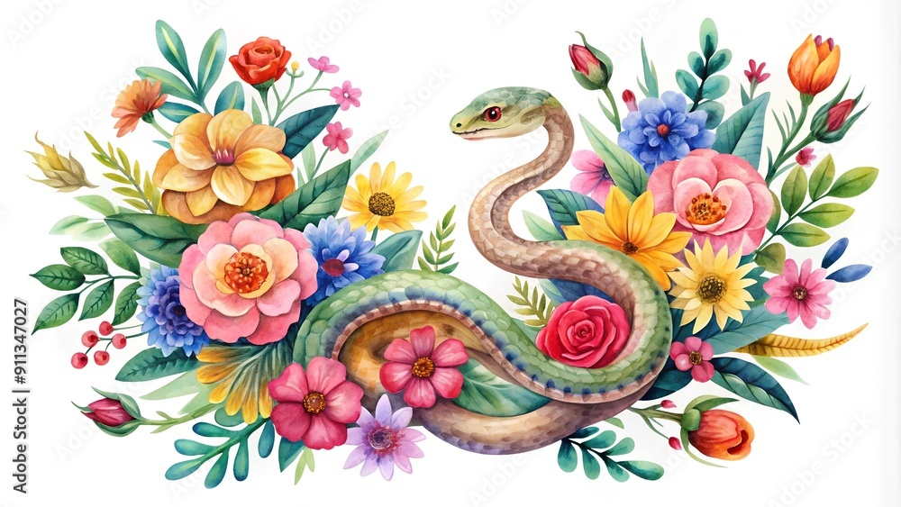 Serpentine Symphony: A Whimsical Watercolor Snake in a Blooming Garden Generative AI Serpentine Symphony: A Whimsical Watercolor Snake in a Blooming Garden Generative AI
