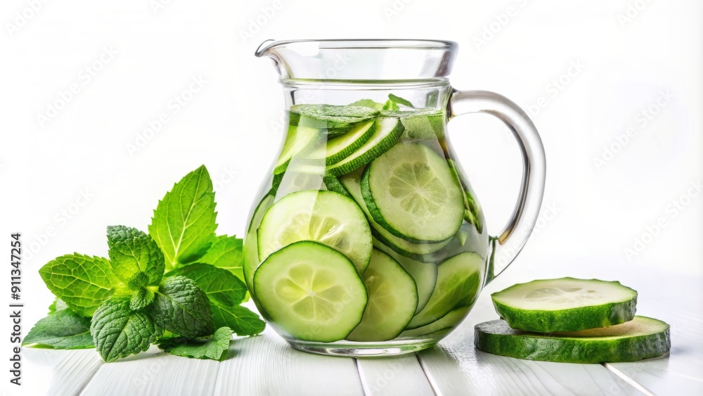 Fresh green cucumber slices and sprigs of mentha leaves floating in a clear glass carafe filled with refreshing detox water on a plain white background. Fresh green cucumber slices and sprigs of mentha leaves floating in a clear glass carafe filled with refreshing detox water on a plain white background.
