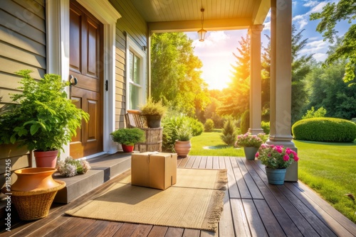 Vibrant sunny day, empty rustic porch with welcome mat, lush green garden, and moving boxes scattered around, awaiting new family's arrival and memories. photo