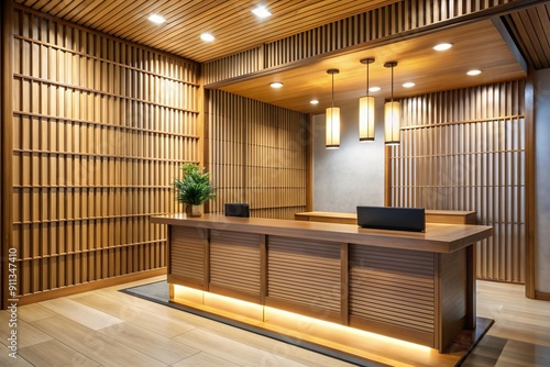 Japanese hotel design, reception desk, wood