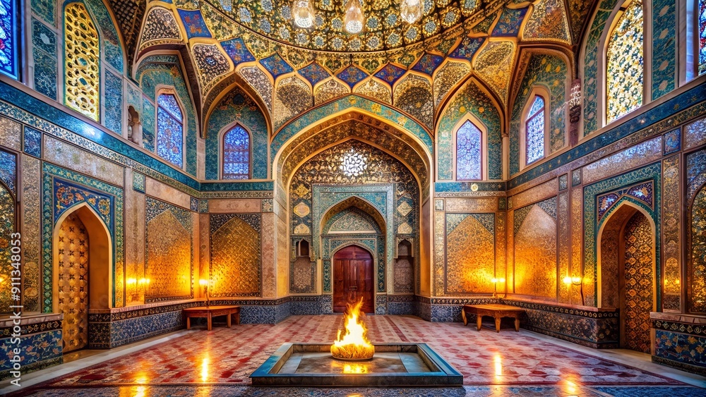 Fototapeta premium A Tapestry of Fire: An Ornate Persian Fire Temple with Glowing Mosaic Interiors generative AI
