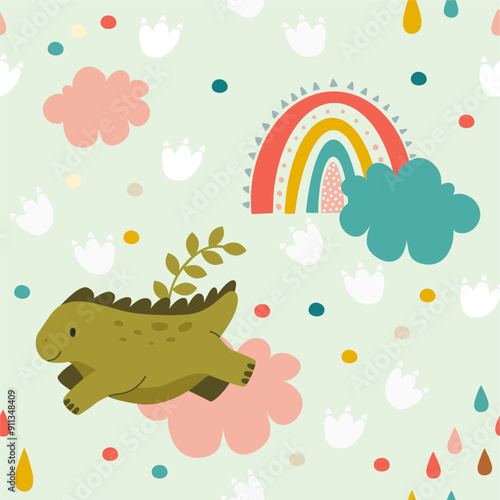 seamless dinosaur pattern with cloud and rainbow for kids
