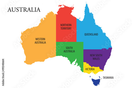 Vector map of Australia showing the six federal states