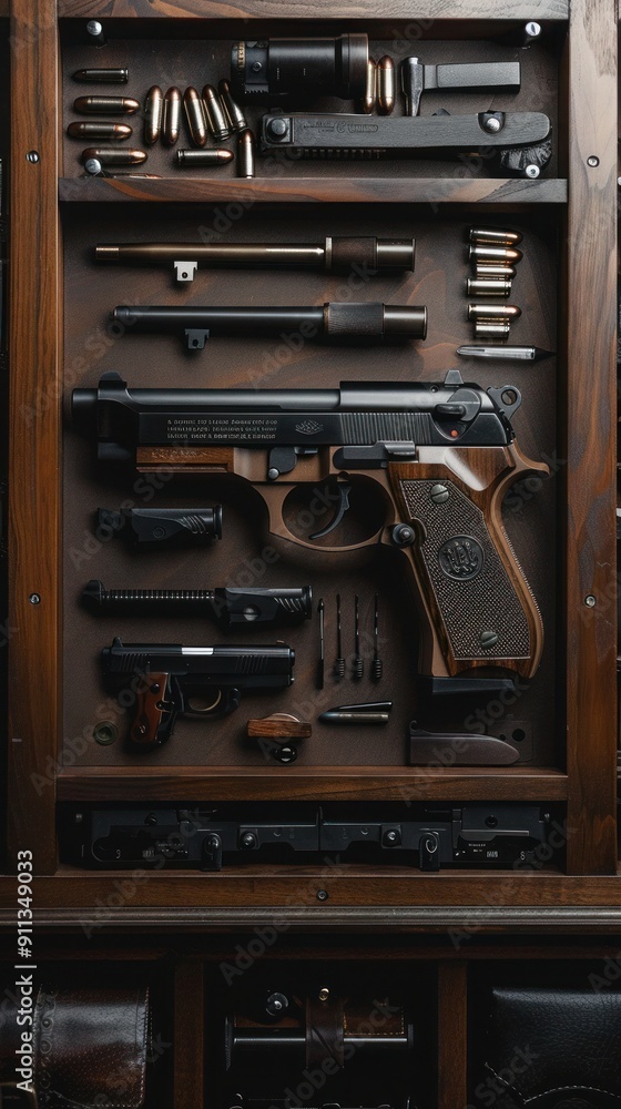 Assorted firearms and ammunition in display case, Beretta pistol. Assorted firearms and ammunition in display case, Beretta pistol.
