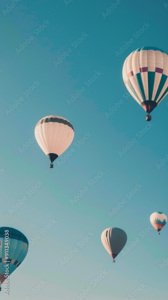 Naklejka premium several hot air balloons floating in the clear blue sky