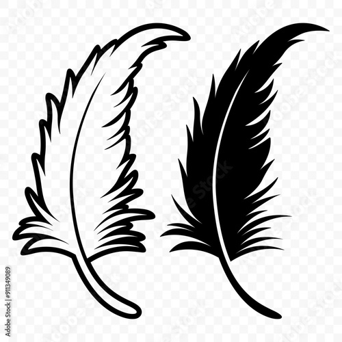 Vector Black and White Fluffy Feather Logo Icons. Silhouette Feather Set Closeup Isolated. Design Template of Flamingo, Angel, Bird Feather. Lightness and Freedom Concept
