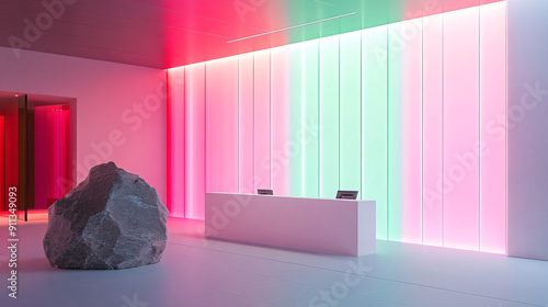 architectural photography, perspective, interior space, vertical light panels transition from pink to acid green hues, creating an ethereal gradient effect, modernism, expert, with a minimalist recept photo