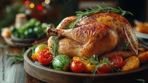 Thanksgiving Turkey with Vegetables on Wooden Table