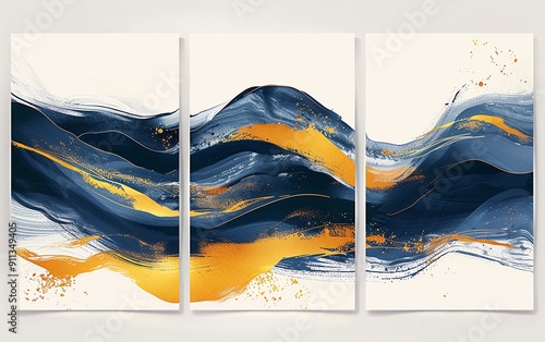 Threepiece abstract art set, yellow and dark blue colors, modern illustration, highres quality photo