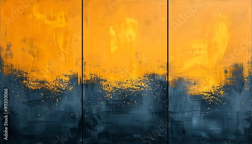 Abstract painting trio, yellow and dark blue, contemporary art set, eyecatching illustration photo