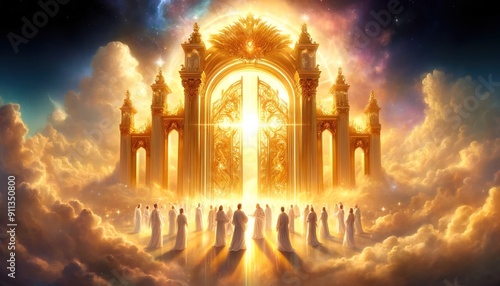 The golden gate in the clouds at the entrance to the Kingdom of Heaven and the righteous near the gate