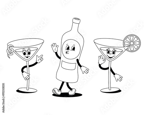 Vector set of linear monochrome cartoon retro mascot characters walking glass vermouth bottle and cocktail glasses. Stickers isolated on a white background.