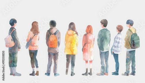 A group of diverse individuals with backpacks, standing together and looking away, illustrated in a soft watercolor style.